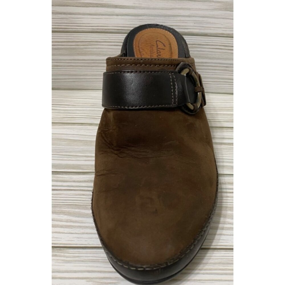Clarks Artisan Brown Leather Heeled Mules 7.5M Platform Shoes 2" Chunky - Picture 3 of 11